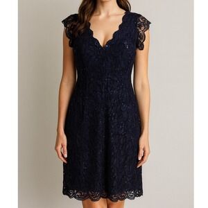 Jump Apparel Women's Navy Lace Sequin V-Neck Party Cocktail Dress Size L